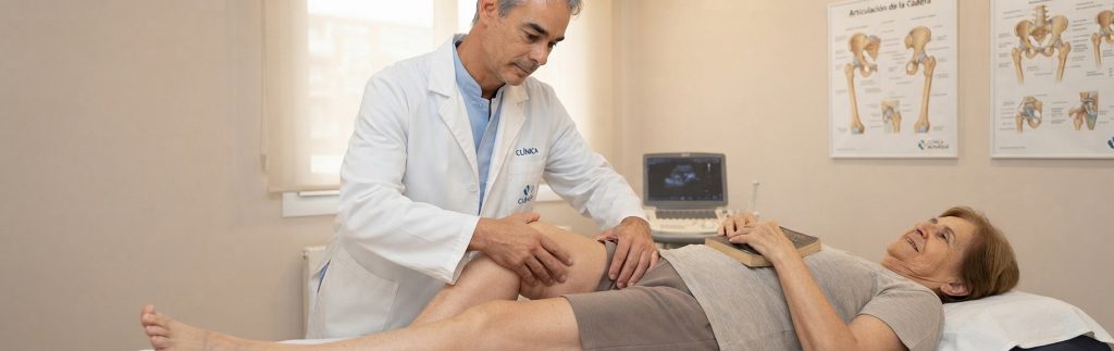 medico examinando cadera de paciente