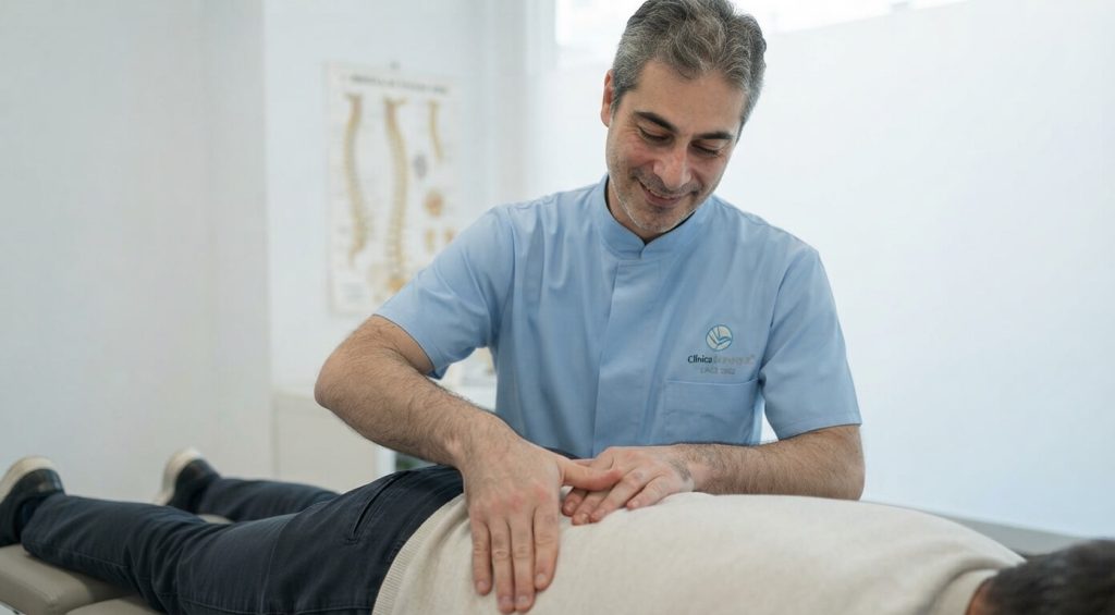 medico palpando espalda cliente